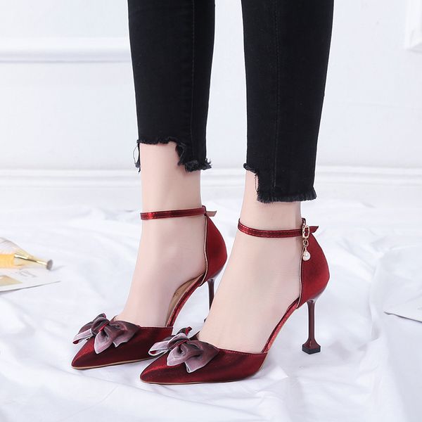 

2021 the new silk of high heel tips foot shoes from women's dress two parts bombs elegant women ties butterfly node wedding wusl, Black
