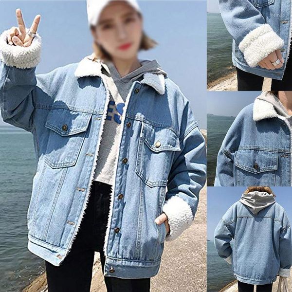 

women oversized thick warm fleece fur lined denim trucker jacket ladies long sleeve button jean coat winter outwear* 8 .31 11, Black