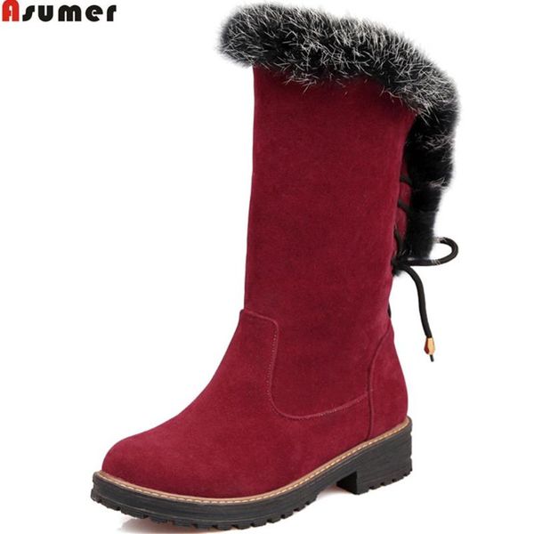 

boots asumer fashion arrive women round toe flock slip on ladies black wine red square heel ankle big size 34-43