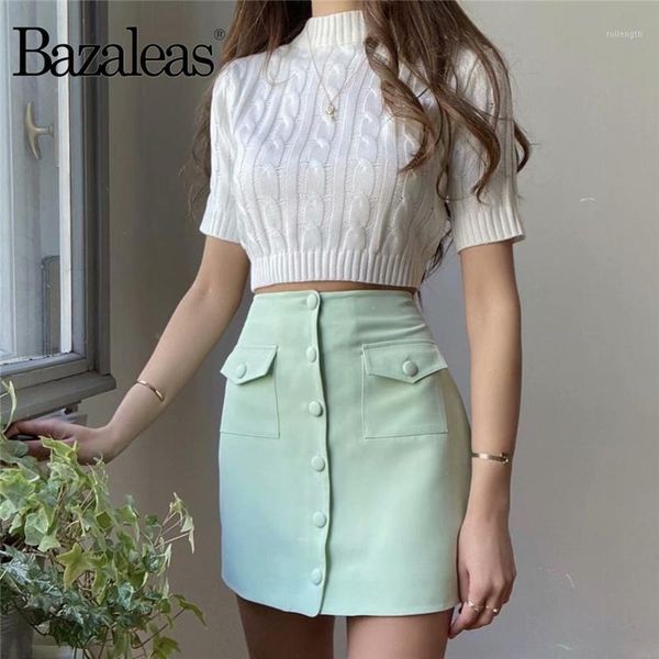 

bazaleas harajuku green two piece set slim women suit fashion tracksuit women pockets crop and mini skirt vintage1, White