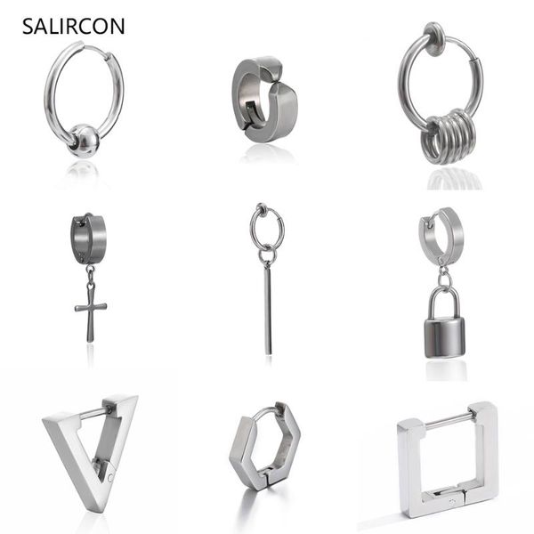 

salircon hip hop titanium steel small earring punk square triangle lock cross drop earring for women men ear piercing jewelry, Silver