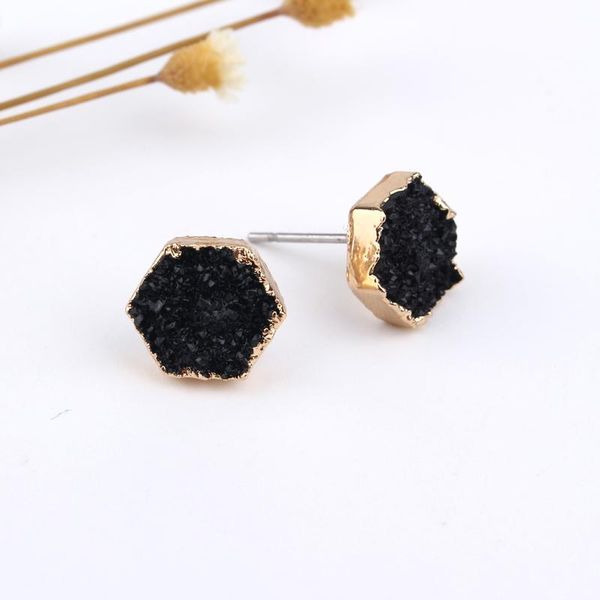 

geomee 1pair bohemia female slopes geometric small brincos hexagon stud earings women jewelry irregular resin earrings e487, Golden;silver