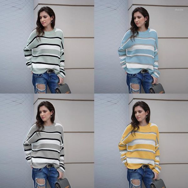 

korean style women sweater long sleeve striped autumn pullover sweters women invierno 2019 loose yellow blue knitted sweater, White;black