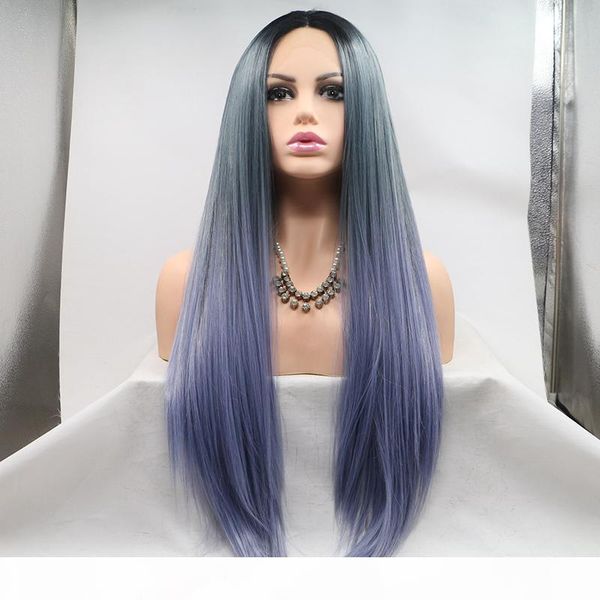 

aohai purple lace front wig dark root syntheticstraight natural look wig for women for cosplay heat resistant fiber, Black