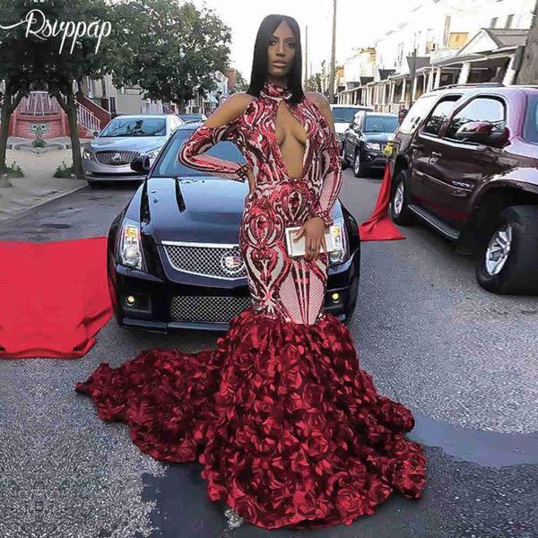 

long prom dresses 2019 elegant high neck long sleeve flowers lace african women burgundy sequin party prom dress1, White;black