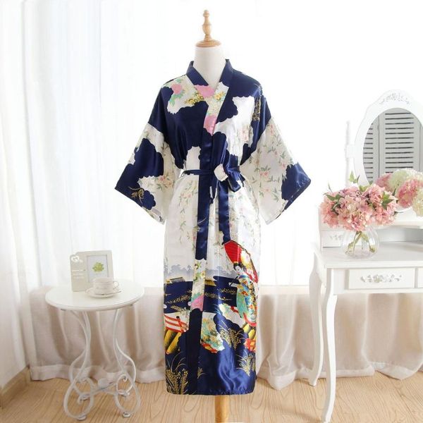 

women's sleepwear vintage navy blue long satin robe kimono gown bridesmaid wedding nightgown novelty print bath, Black;red