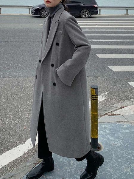 

woollen women's middle long 2020 winter new korean loose double breasted suit collar popular woolen coat, White;black