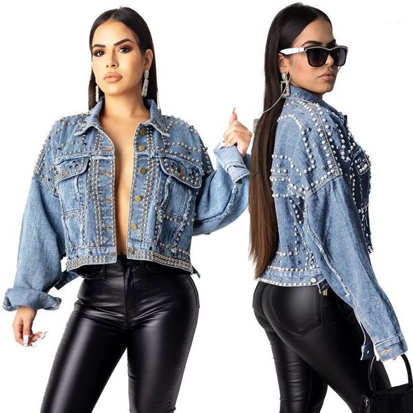 

2021 new european and american fashion rivet plus size women's loose denim jacket polyester square collar single breasted1, Black;brown