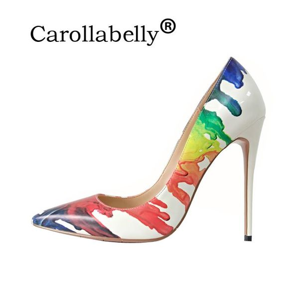 

carollabelly women high heels printed shoes pumps lady pointed toe wedding shoes 12cm high heels woman party, Black