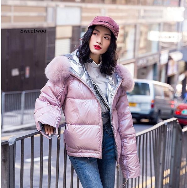 

winter jacket white parkas women gold silver double side coat big aritificial fur hooded female oversize1, Black