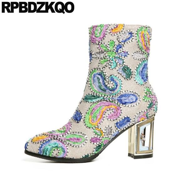 

boots shoes embroidery metal heel women chunky big size plus 10 crossdresser embroidered 11 suede luxury pointed toe high ankle, Black