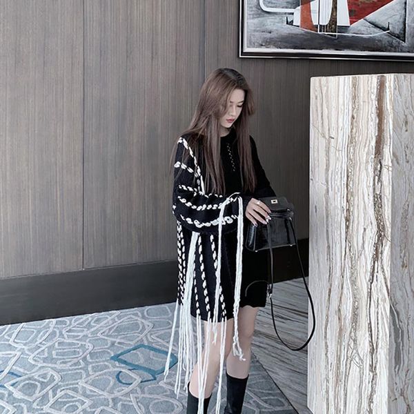 

women's sweaters 2021 winter hollow out tassel knit sweater bandage long sleeve fashionable black pullover, White;black