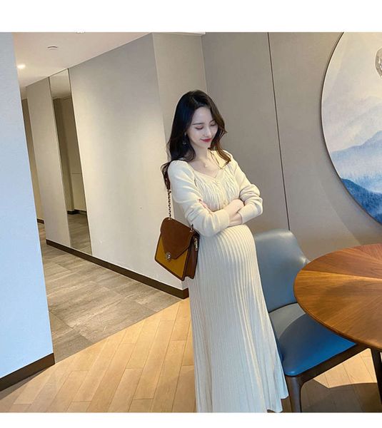 

large korean knitted sweater drs 2020 clothing core spun yarn pregnant women's skirt, White