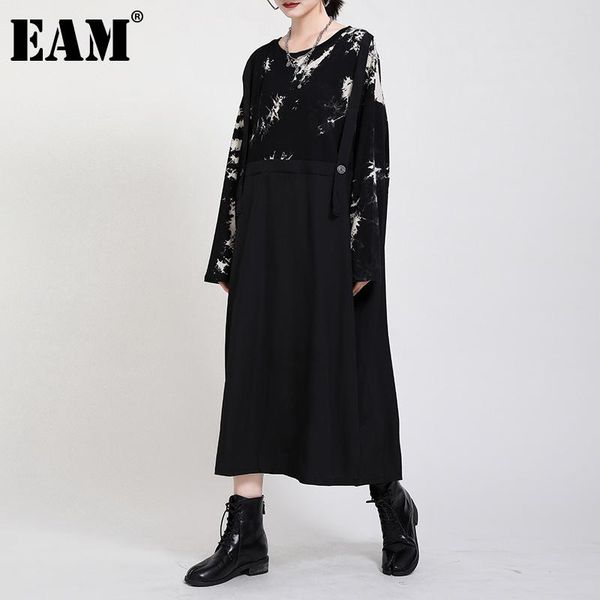 

eam] women tie dye printed big size long dress new round neck long sleeve loose fit fashion tide spring autumn 2020 1dd0026, Black;gray