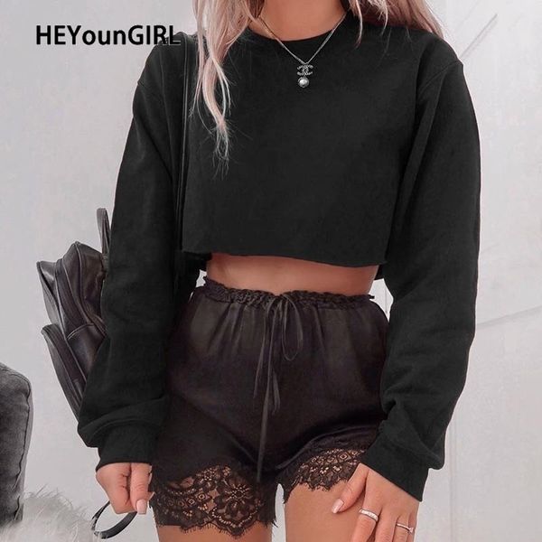 

heyoungirl loose casual solid crop hoodie basic long sleeve pullover korean style harajuku sweatshirt women autumn winter y200915, Black