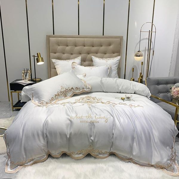 

european style luxury white smooth silk cotton embroidery bedding set  king duvet cover bed sheet pillowcases home textile