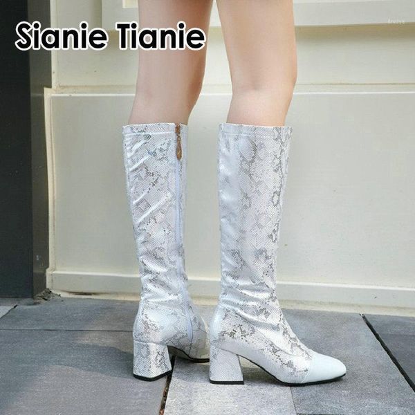 

sianie tianie 2020 new winter snake skin print woman boots chunky high heels zipper knee-high boots for women plus size 46 47 481, Black