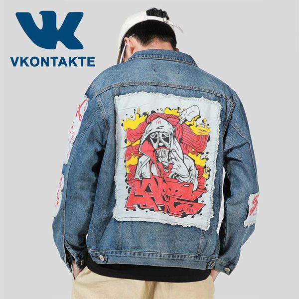 

men's hip hop jeans jackets back patch designs printed cotton casual streetwear fashion blue denim ripped holes vintage coat, Black;brown