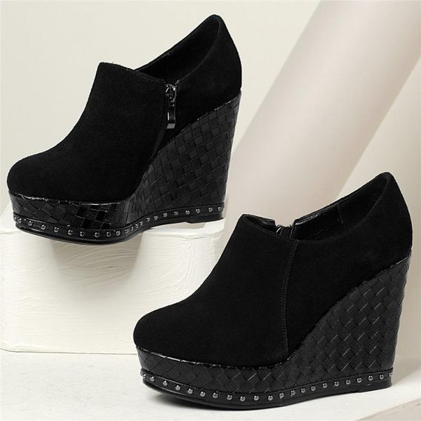 

boots punk rivet oxfords shoes women genuine leather wedges high heel ankle female low round toe chunky platform pumps, Black