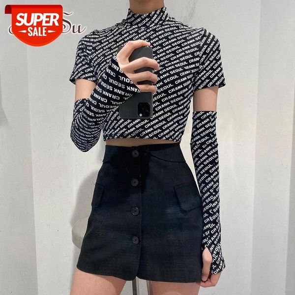 

artsu vintage print letter doodle t-shirt women highneck long sleeve tee shirt slim stretchy casual clothes ts52333 #w82v, White