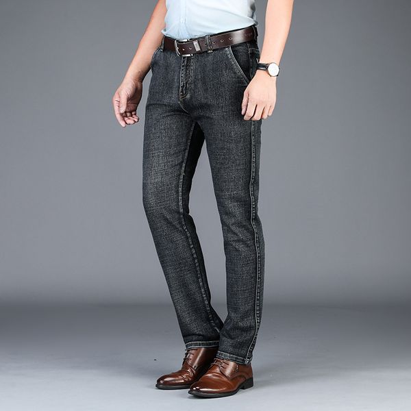 

men's straight business jeans 2019 autumn winter new blue gray elastic denim pants male brand trousers q0104