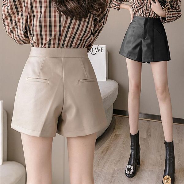 

2020 new autumn winter women elastic high waist wide leg shorts female pu leather fashion casual korean style shorts q416, White;black