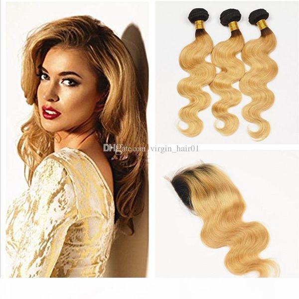 

honey blonde ombre virign peruvian human hair with lace closure dark roots blonde body wave human hair with lace closure bleached knots, Black;brown