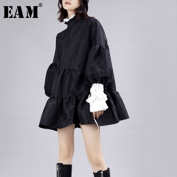 

[eam] women dress new stand neck long lantern sleeve loose fit hollow out personality pleated fashion spring autumn 2020 jz349 y200805, Black;pink