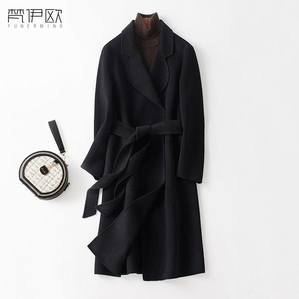 

double sided cashmere coat for women's middle long style fall / winter 2020 new lace up, and slim, Black