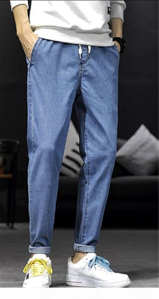 

mens designer solid color jeans spring wild slim fit trousers loose beam feet cropped jeans male, Blue
