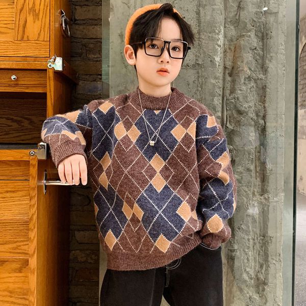 

winter new children's cool diamond crew neck sweater for boys, Blue