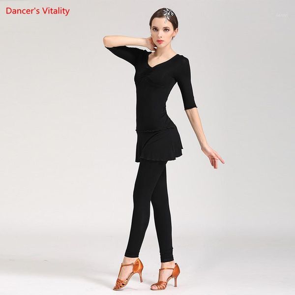 

stage wear women latin dance costume long sleeves + milk silk waist pants 2pcs / suit for set1, Black;red