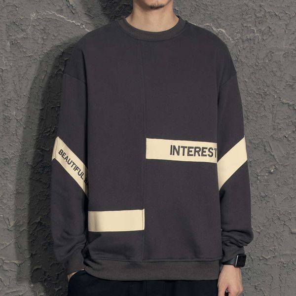 

contrast color stitching crew neck sweater fashion ins hoodless hip hop loose pullover plush coat men's autumn winter, Black