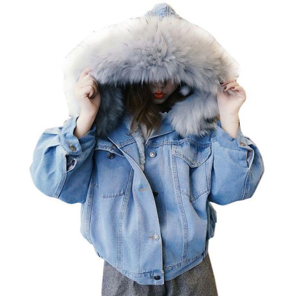 

winter thick jean jacket faux fur collar women fleece hooded denim coat female padded warm outwear clothing, Black;brown