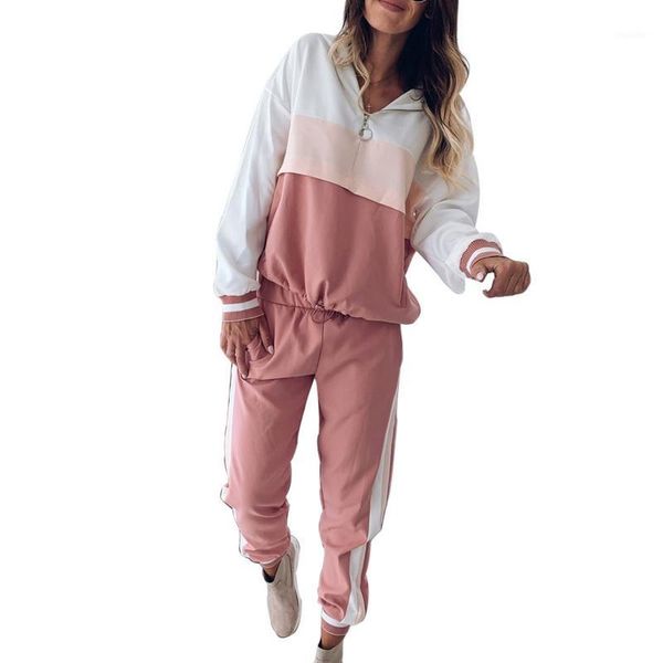 

pink patchwork casual women sweatshirt spring 2020 hoodies long sleeve pockets zipper loose running sweatshirts1, White