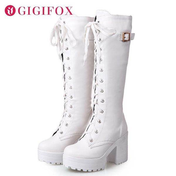 

big size 43 leisure square high heels shoelaces platform lady add fur winter knee high boots shoes women, Black