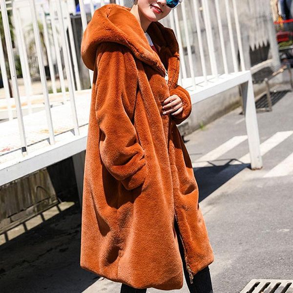 

2020 autumn winter thick fur coat faux fur coat hooded long winter overcoat1, Black
