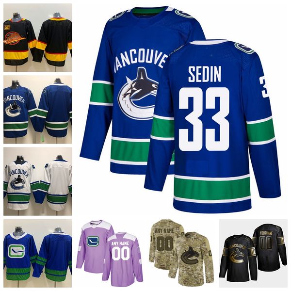 

2021 customize #33 henrik sedin vancouver canucks jerseys golden edition camo veterans day fights cancer custom stitched hockey jerseys, Black;red