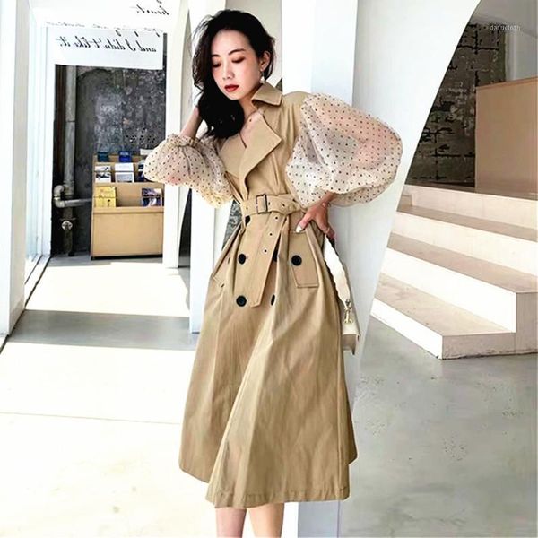 

new spring spliced lantern sleeve trench coat women fashion classic double breasted belt trench coat casual outerwear cc3371, Tan;black