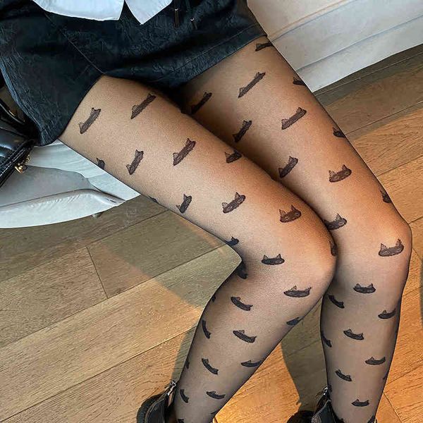 

socks hosiery autumn and winter pop cat bow anti falling core wrapped thin meat through jacquard thunder silk stocking's stockings, Black;white