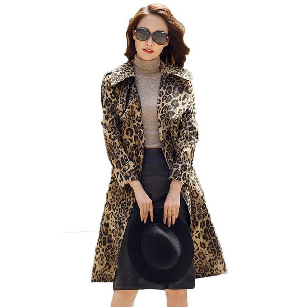 

leopard print windbreaker female long coat 2020 spring new korean outwear fashion belt slim chaqueta mujer trench coat f364, Tan;black