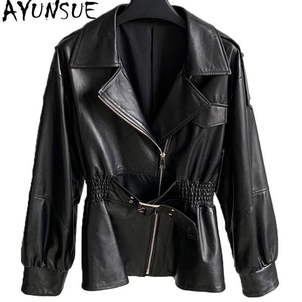 

ayunsue motorcycle genuine leather jacket women short women's sheepskin coat feamle spring autumn clothes 2021 mujer chaqueta 91, Black