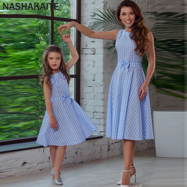 

nashakaite mom and daughter dress fashion sundress sleeveless plaid bow-knot back zipper mini dress mother and daughter clothes y200713, Blue