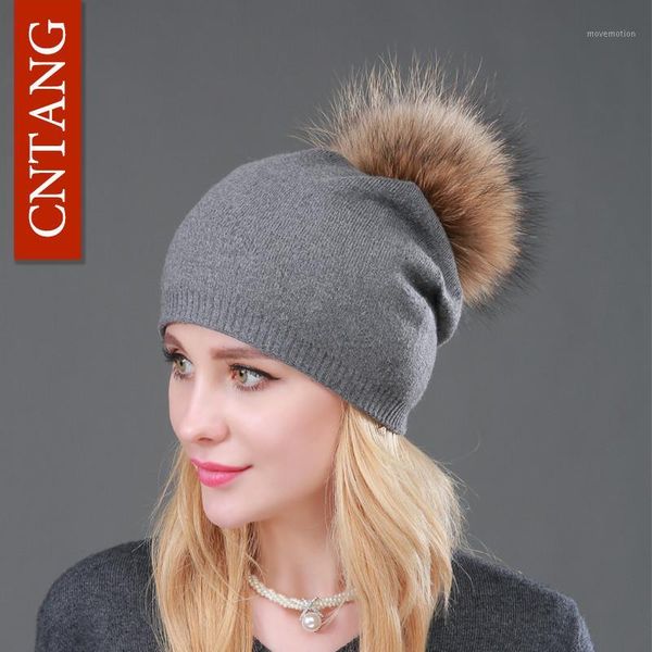 

winter women's cashmere beanie hat fashion real pompon beanies fur hat female warm caps with natural genuine raccoon fur cap1, Blue;gray