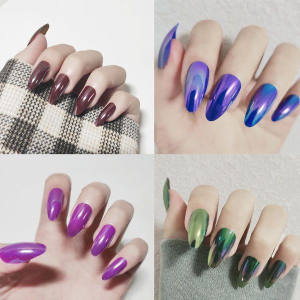 

24pcs/box detachable false nails stiletto mirror laser wearable fake nails full cover nail tips symphony press on, Red;gold