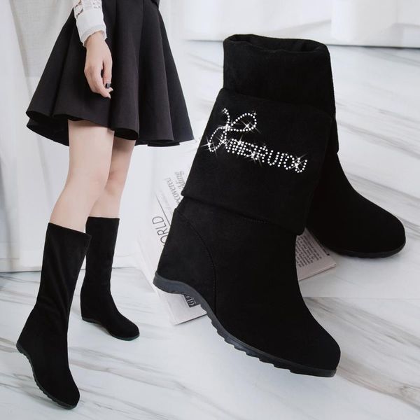 

shoes lady boots boots-women thigh high heels high winter footwear round toe rubber 2020 low mid calf, Black