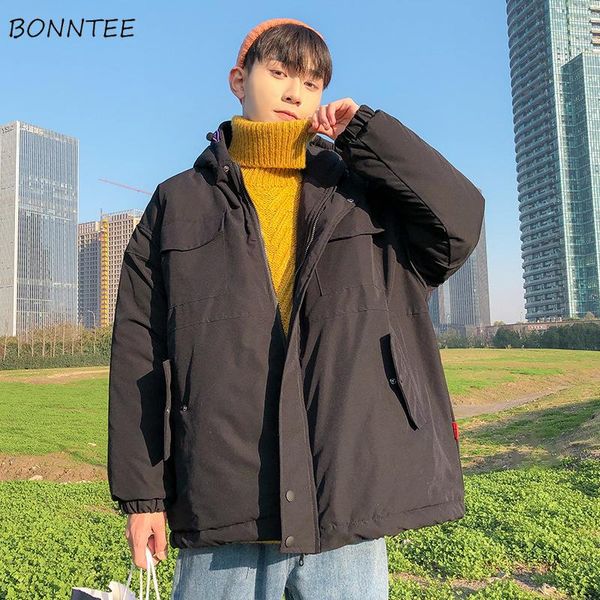 

короткий стиль parkas мужские твердые утолщение с капюшоном кармана мода простая уличная одежда мягкая теплая все-матч корейский стиль ulzza, Black