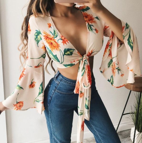 

women floral printed deep v-neck crop summer casual flare sleeve lace up ruffled chiffon blouse, White