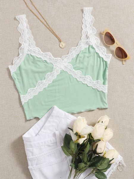 

contrast lace panel lettuce edge cami h4qb#, White
