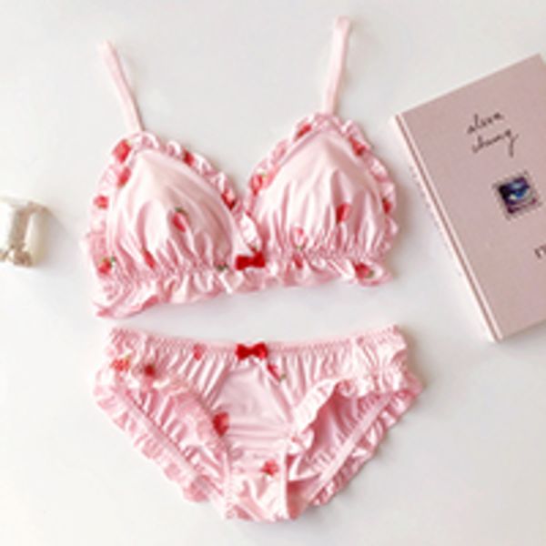 

japanese style cotton lingerie comfortable small pad cup bra set frilling printing strawberry underwear bra and panty sets c1212, Black;white